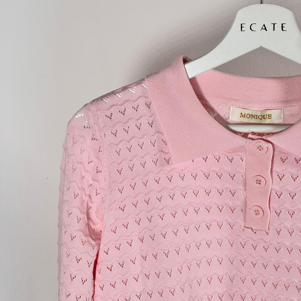 Polo traforata in maglia – Rosa pastello